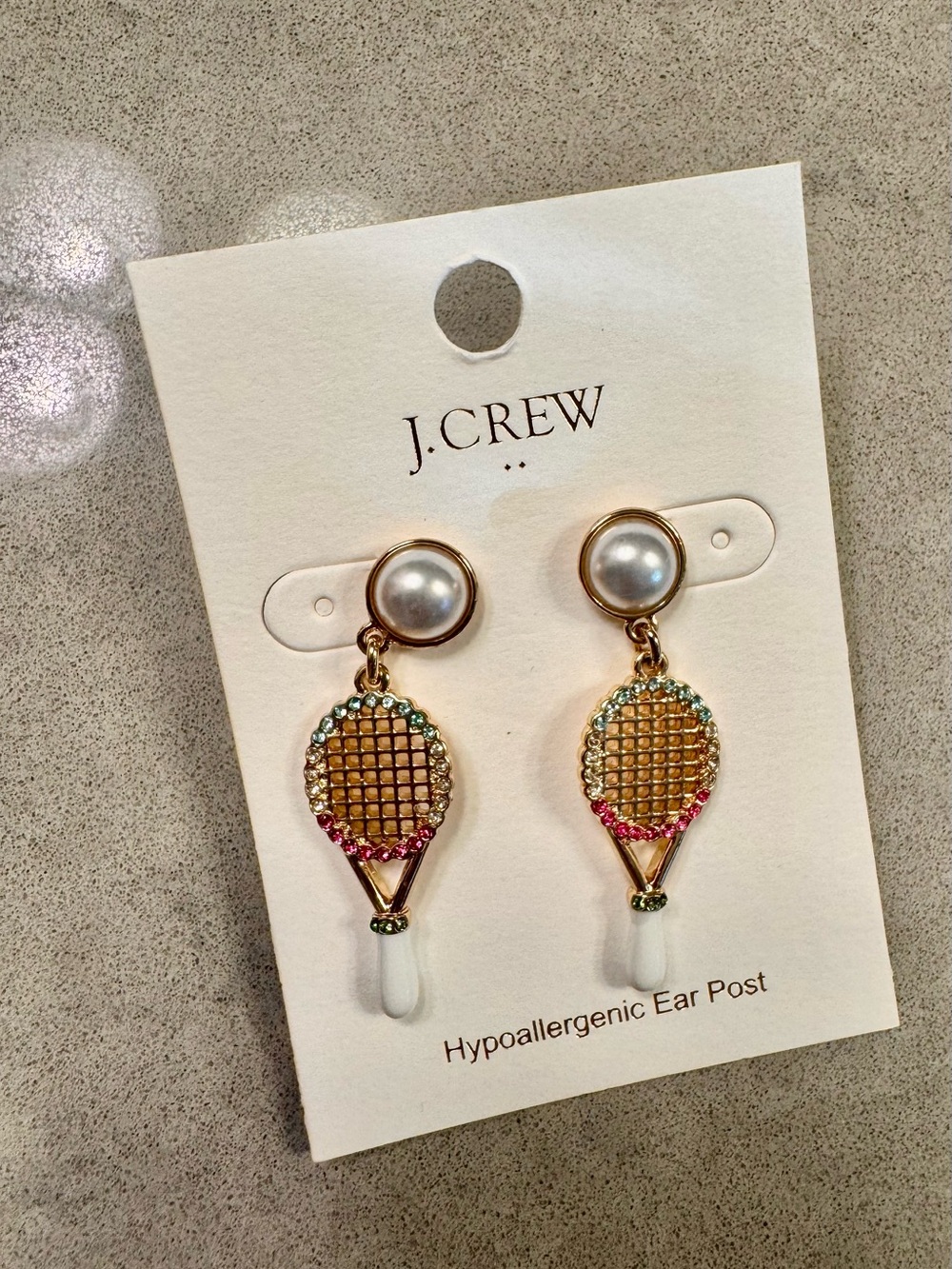 J. Crew Gold Tennis Racket Drop Earrings with Pearl Tops and Multicolor Crystals